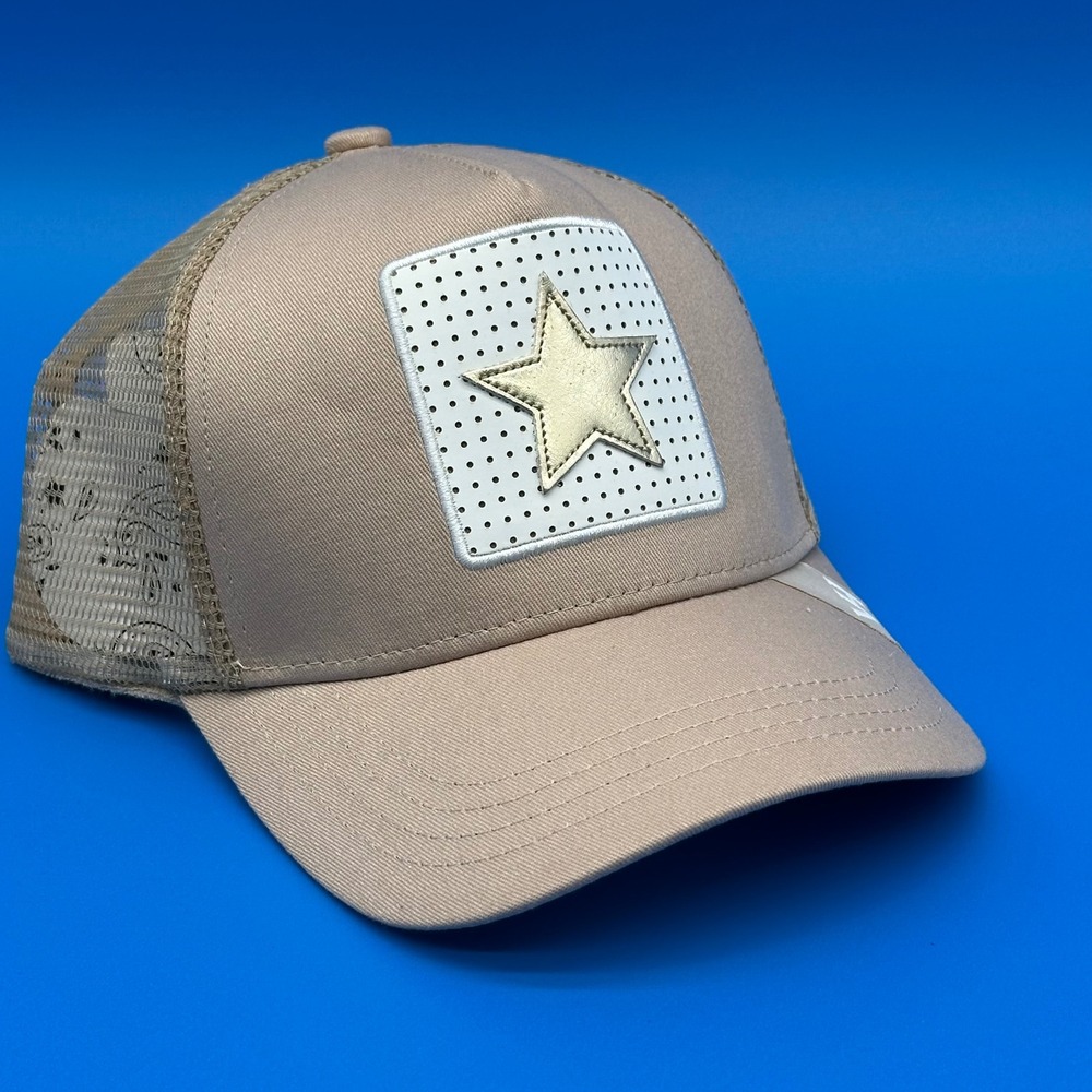 Vintage Havana Women OS Trucker Hat Beige Gold Star Patch Mesh Snapback Cap NEW